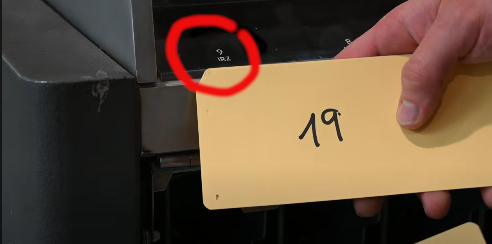 1958 punched card sorting machine with "9 I R Z" label highlighted